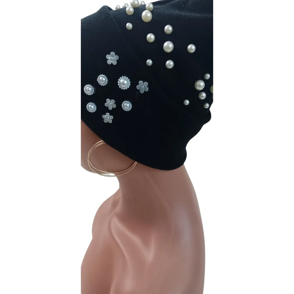 Black Knit Cuffed Beanie with Faux Pearl and Flower Accents Headpiece